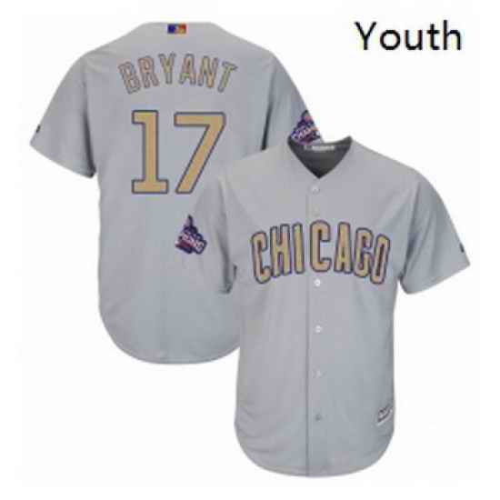 Youth Majestic Chicago Cubs 17 Kris Bryant Authentic Gray 2017 Gold Champion Cool Base MLB Jersey